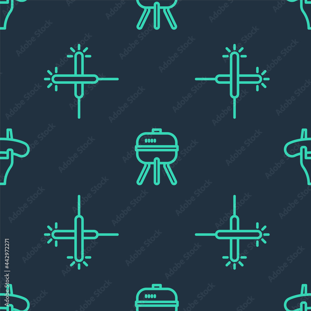 Set line Barbecue grill, Sparkler firework and Sausage on the fork on seamless pattern. Vector Set line Barbecue grill, Sparkler firework and Sausage on the fork on seamless pattern. Vector