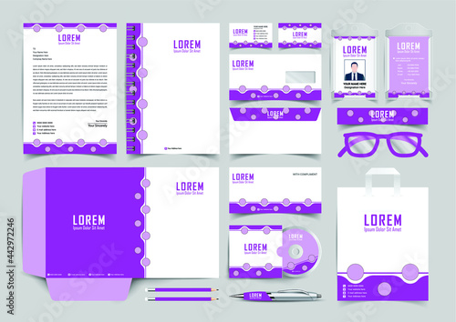 Stationery Corporate Brand Identity Mockup set with purple and white abstract geometric design. Business stationary mockup template of Guide, annual report cover, brochure, bag, corporate Letterhead.