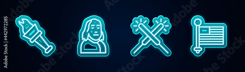 Set line Torch flame, Benjamin Franklin, Sparkler firework and American flag. Glowing neon icon. Vector