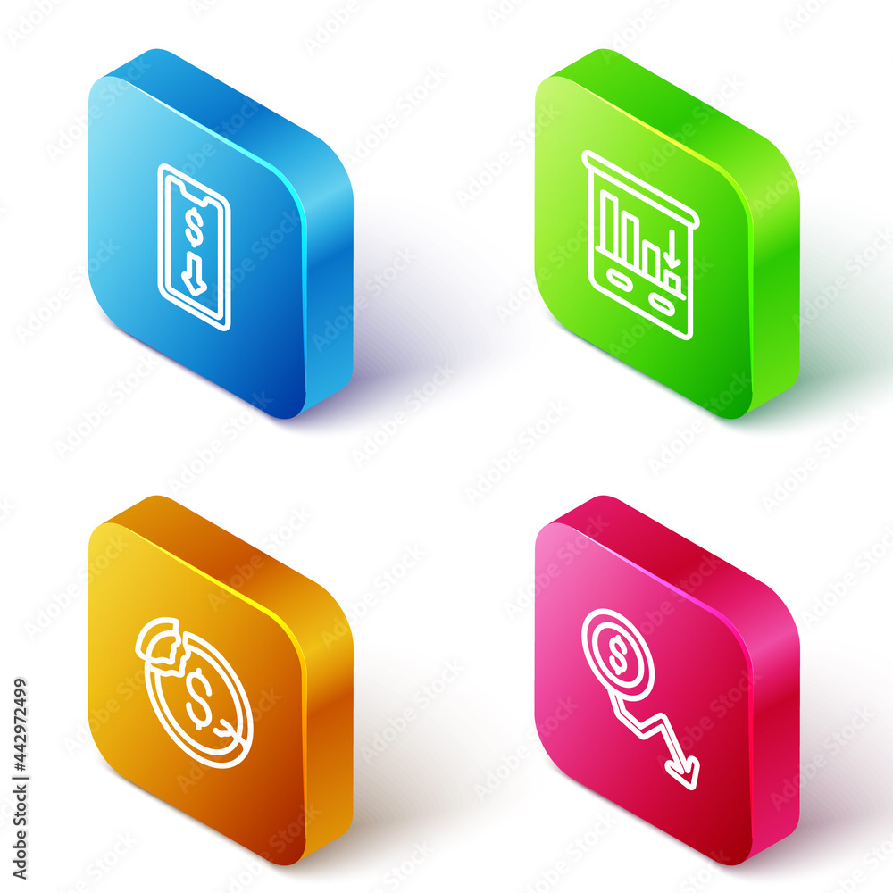 Set Isometric line Mobile stock trading, Pie chart infographic, Dollar rate decrease and icon. Vector Set Isometric line Mobile stock trading, Pie chart infographic, Dollar rate decrease and icon. Vector