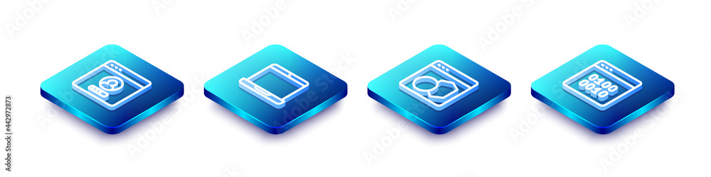 Set Isometric line Create account screen, Laptop, Software and Binary code icon. Vector Set Isometric line Create account screen, Laptop, Software and Binary code icon. Vector