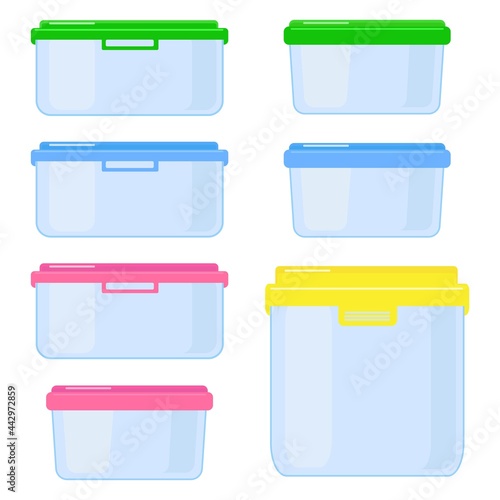 A set of vector containers for carrying and storing food. Plastic or glass containers with lids.
