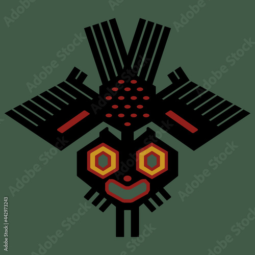Stylized flying owl bird. Ancient Peruvian animal motif from Paracas textile. Native American pre Columbian Indian art. On green background.