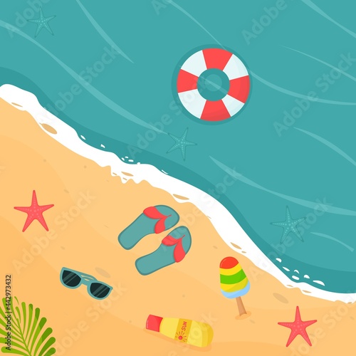 summer beach with sunglasses, sunscreen, ice cream, slippers, starfish. The sea with a lifebuoy. Vector illustration top view