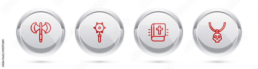 Set line Medieval poleaxe, chained mace ball, Holy bible book and Necklace amulet. Silver circle button. Vector Set line Medieval poleaxe, chained mace ball, Holy bible book and Necklace amulet. Silver circle button. Vector