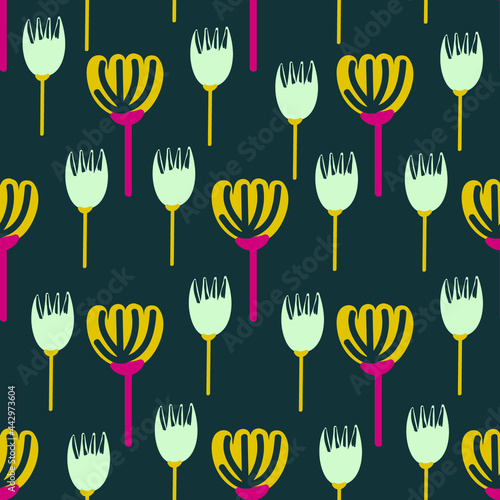Stylized flowers seamless pattern. Hand drawn vector illustration. Colorful and trendy fashion print.