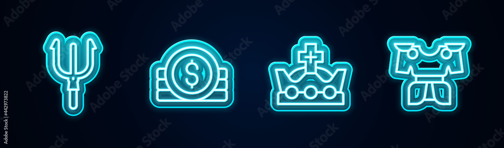 Set line Neptune Trident, Ancient coin, King crown and Body armor. Glowing neon icon. Vector Set line Neptune Trident, Ancient coin, King crown and Body armor. Glowing neon icon. Vector