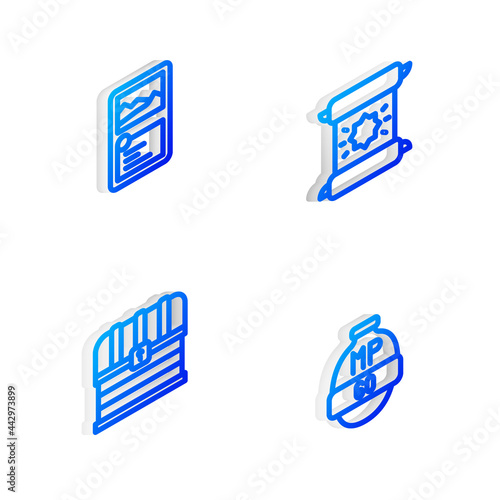 Set Isometric line Decree, parchment, scroll, Card game collection, Chest and Video bar icon. Vector