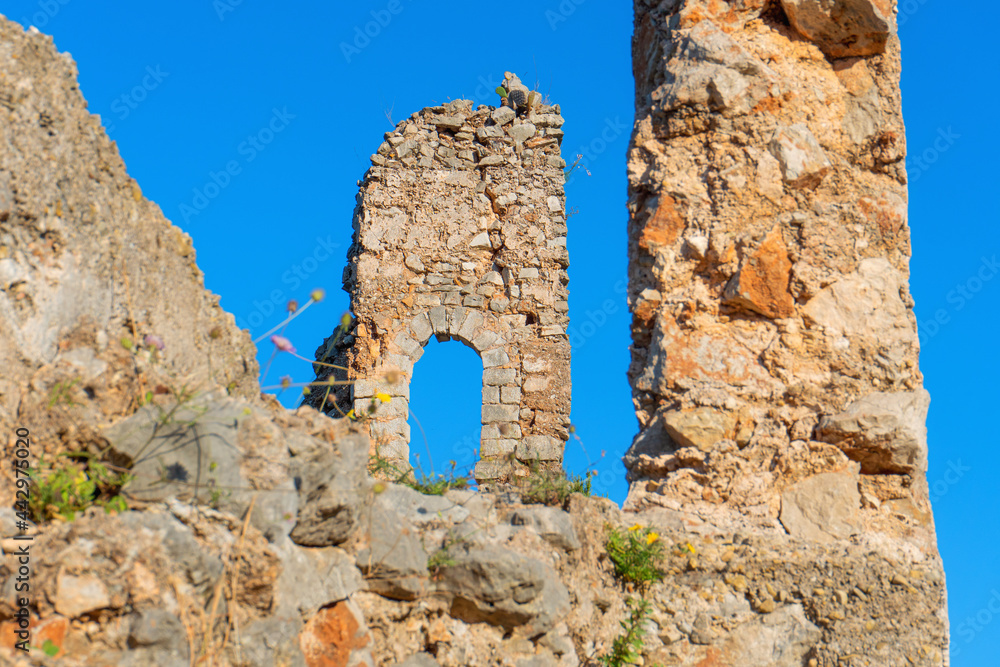 Ruined castle on a mountain, known as the castle of Marinyen, or the Moorish Queen. 