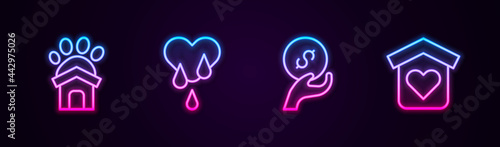 Set line Animal shelter house, Blood donation, Donation and charity and Shelter for homeless. Glowing neon icon. Vector