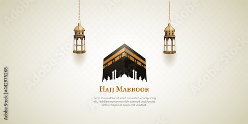 islamic hajj pilgrimage card design with two gold lanterns and holy kaaba
 photo