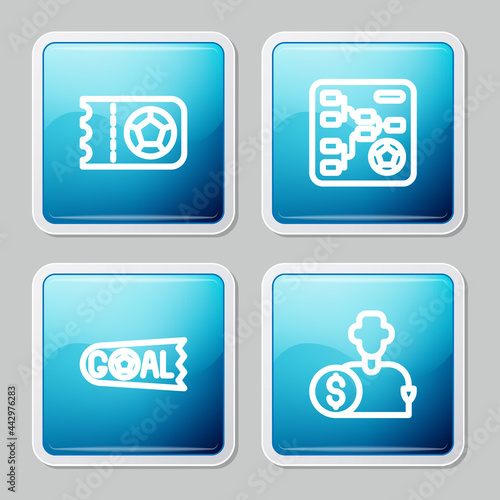 Set line Football or soccer ticket, Championship tournament bracket, Goal football and Buy player icon. Vector
