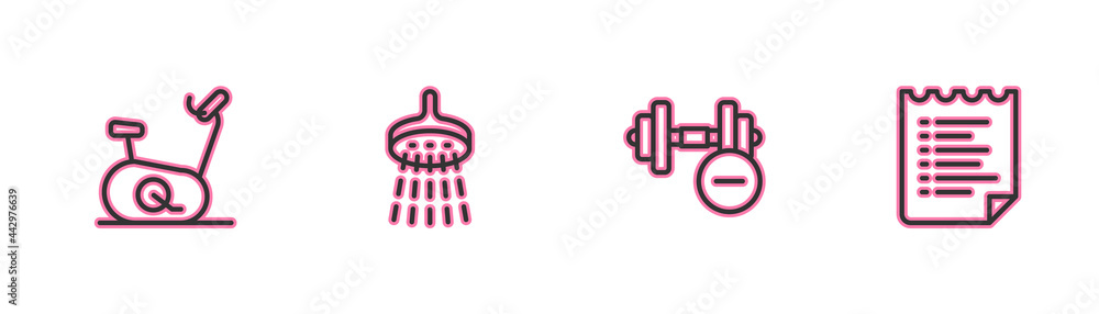 Set line Stationary bicycle, Dumbbell, Shower and Sport training program icon. Vector Set line Stationary bicycle, Dumbbell, Shower and Sport training program icon. Vector