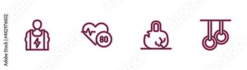 Set line Bodybuilder, Broken weight, Heart rate and Gymnastic rings icon. Vector