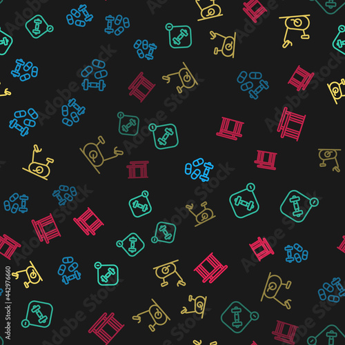 Set line Sports doping with dumbbell, Fitness app, Stationary bicycle and Uneven bars on seamless pattern. Vector