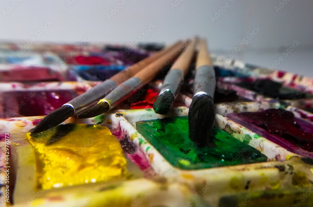 four brushes on a background of multi-colored watercolor paint taken in macro shooting four brushes on a background of multi-colored watercolor paint taken in macro shooting