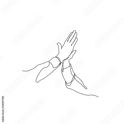 continuous line drawing of high five hands. Hands toss vector illustration with active stroke.