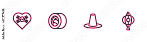 Set line Love Korea with heart, Korean hat, Sushi and lantern icon. Vector