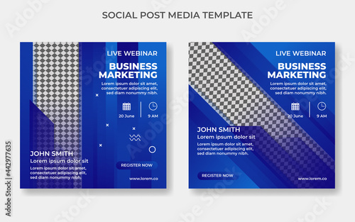 Square social post media template banner live webinar business marketing promotion. Modern blue geometric shapes. Editable text.