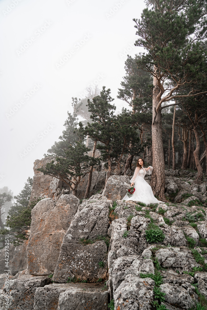 The woman with a bouquet of red flowers stands on a rock in the mountain forest.