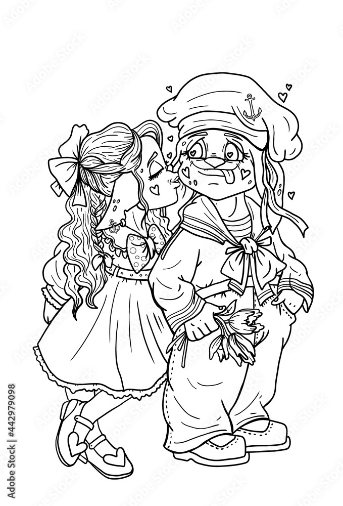 Fototapeta premium Cartoon characters, sailor in a peakless cap with bouquet tulips and kind girl in a dress with a bow-knot, a cute couple in love with hearts around, funny creatures with long ears and chubby cheeks.