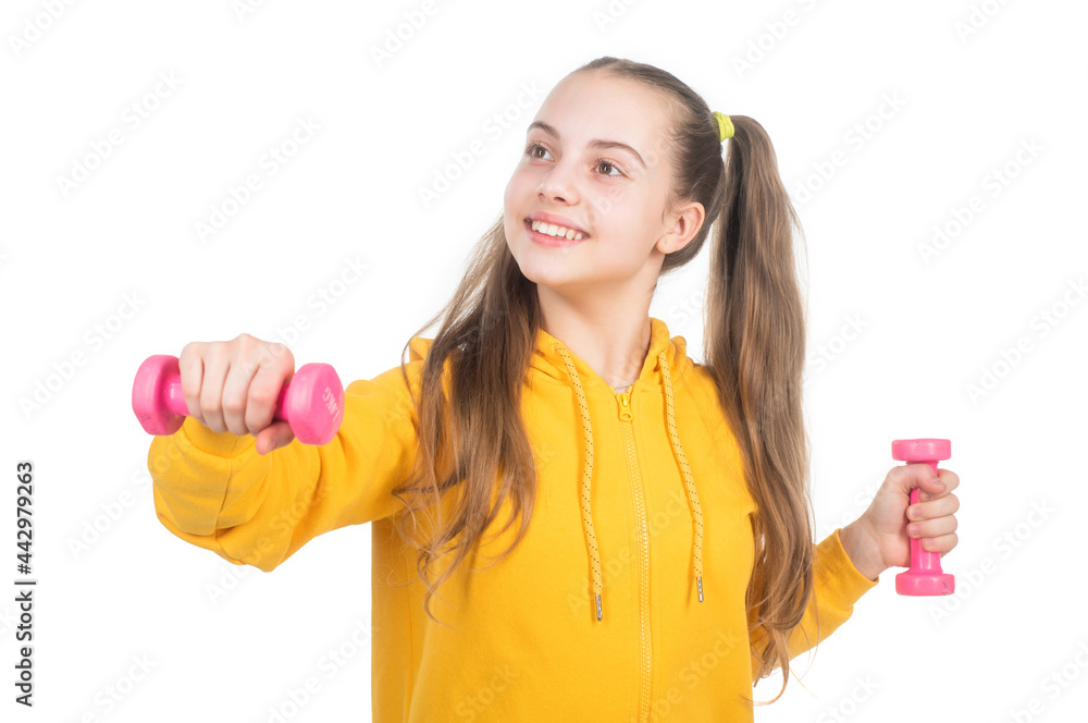 happy strong teen girl training with barbells isolated on white, childhood happy strong teen girl training with barbells isolated on white, childhood