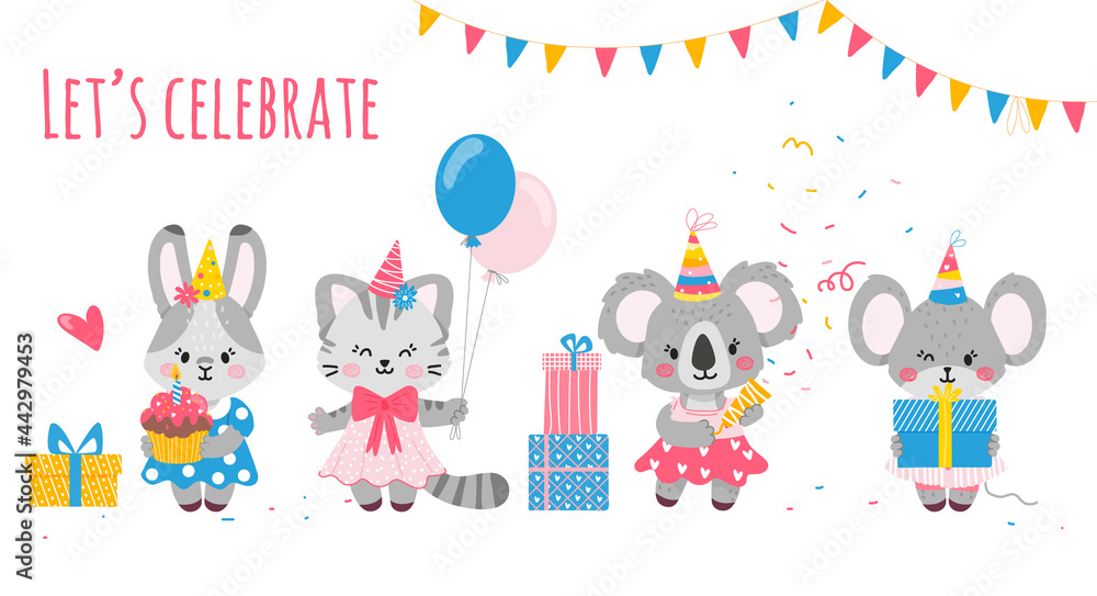 Bunny,koala,cat,mouse.Party-invitations,posters,postcards.Vector illustration.Happy birthday celebration for children. Bunny,koala,cat,mouse.Party-invitations,posters,postcards.Vector illustration.Happy birthday celebration for children.