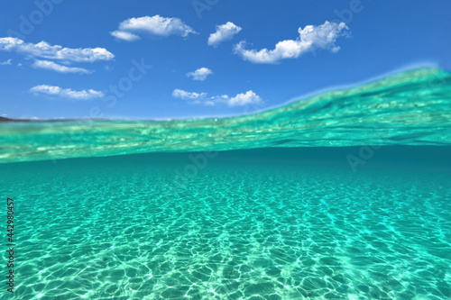 Fototapeta Naklejka Na Ścianę i Meble -  Sea level and underwater split photo of paradise sandy beach of Diakofti with turquoise crystal clear sea in island of Kythira, GReece