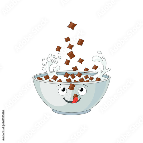 Vector Chocolate Pads Bowl, Cartoon Face, Breakfast Illustration, Bowl Isolated on White Background.
