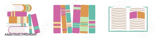 Stack of books in bright colors. Pink, orange and green reading elemnts in a set of academic graphic. Flat icons with dictionary, diary in a library.