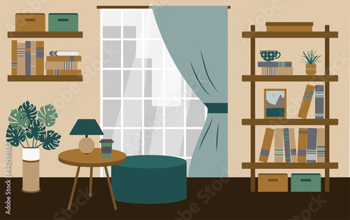 Brown home interior with bookshelves, table and bright pouf. Place for reading or studying in bookstore near monstera, dictionary and university literature. Storage, picture of mountains  and coffee