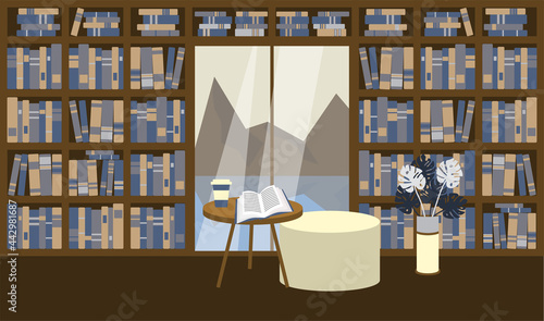 Big library at home or in bookstore with big window and mountains view. Open book with coffee on a table. Place for reading on a pouf near plant monstera. A lot of bookshelves with literature.