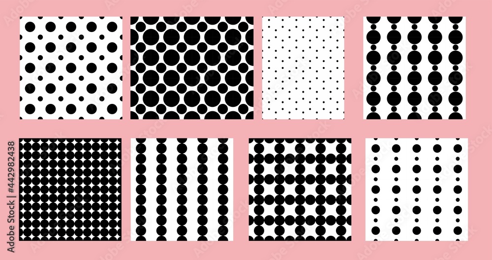 A set of geometric black and white seamless patterns. Monochrome classic pattern circles and squares, tiles. Infinite texture for wallpaper design. Vector. A set of geometric black and white seamless patterns. Monochrome classic pattern circles and squares, tiles. Infinite texture for wallpaper design. Vector.
