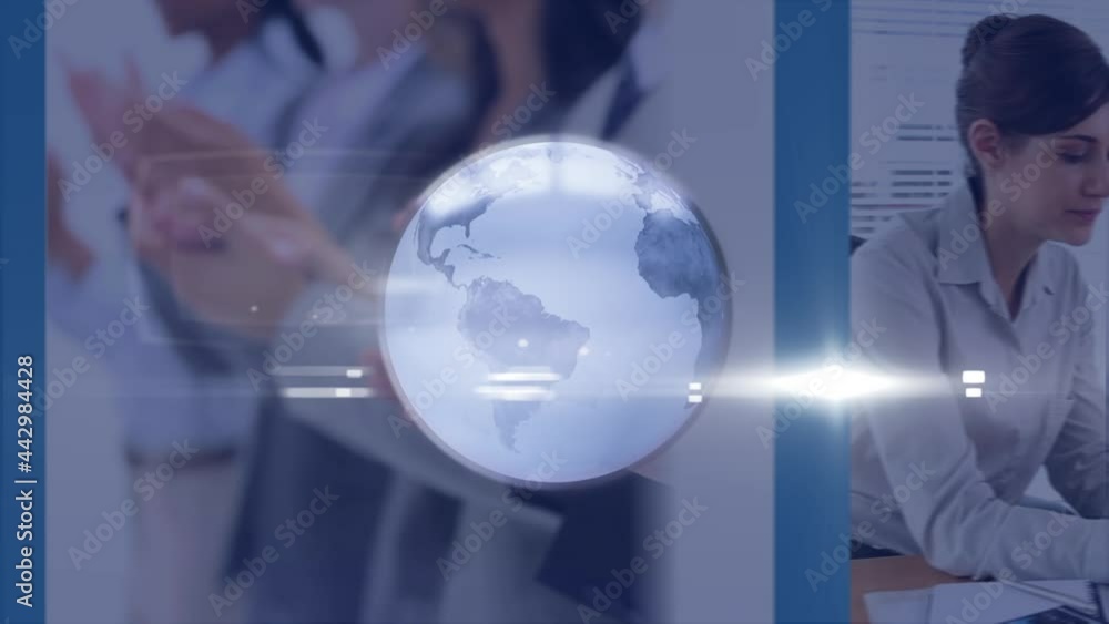 Animation of globe over business people working Animation of globe over business people working