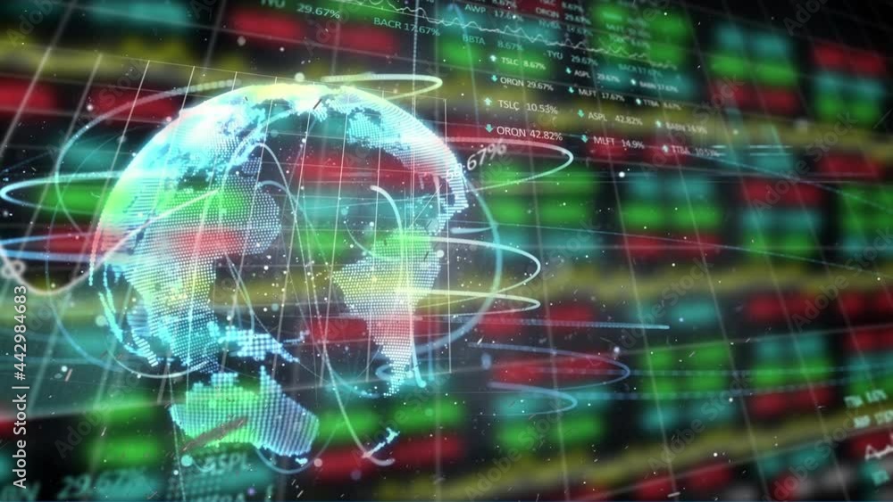 Animation of globe and financial data processing Animation of globe and financial data processing