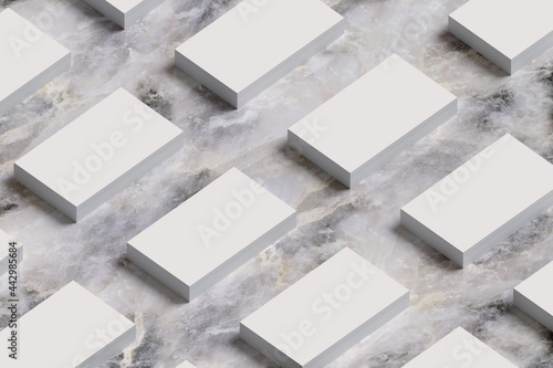 Stacks of business cards on marble surface. 3d illustraton.