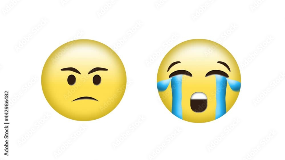 Animation of angry and crying emoji icons over white background Animation of angry and crying emoji icons over white background