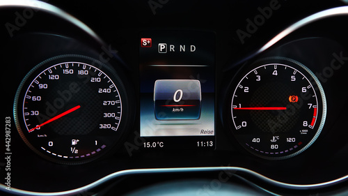 Modern car speedometer. Close up shot of the dashboard