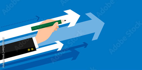 鉛筆を持つ学生と伸びる矢印のイラスト、ベクターイラストレーション