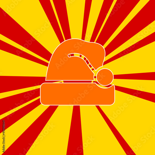 Santa claus hat symbol on a background of red flash explosion radial lines. A large orange symbol is located in the center of the sunrise. Vector illustration on yellow background