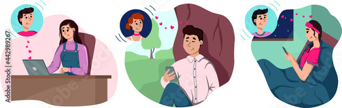 Long distance relationships. Online meetings at a distance. Communication, meetings, training online through social networks. Stock vector illustration. Romantic relationship concept.