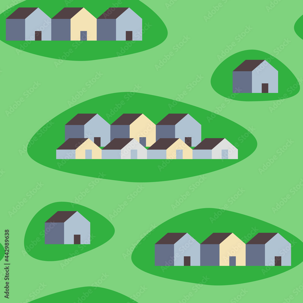 Vector seamless pattern of gray houses on green background. Property sale. Modern village. Smart Home security concept. Real estate. Geometric pastel minimalist shape. Simplicity design. Ecology town. Vector seamless pattern of gray houses on green background. Property sale. Modern village. Smart Home security concept. Real estate. Geometric pastel minimalist shape. Simplicity design. Ecology town.