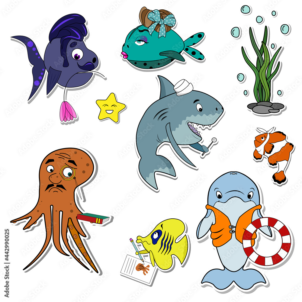 Stickers set underwater world. Cartoon animals of the ocean. Vector