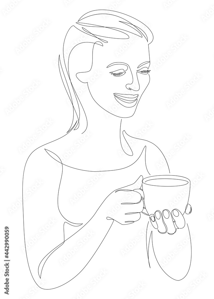 Silhouettes of a lady, she is holding a cup of coffee, tea in a modern one-line style. Solid line, aesthetic outline for home decor, posters, stickers, logo. Vector illustration.