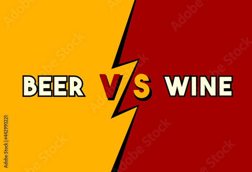 Versus concept, bold toon style: beer vs wine. A visual dichotomy appearing as a text message on a two-parts split screen.
 photo