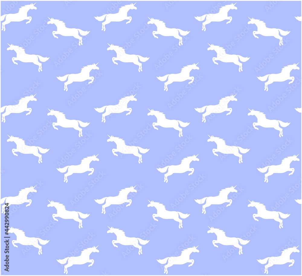 Vector seamless pattern of white flat jumping unicorn silhouette isolated on blue background
Vector seamless pattern of white flat jumping unicorn silhouette isolated on blue background
