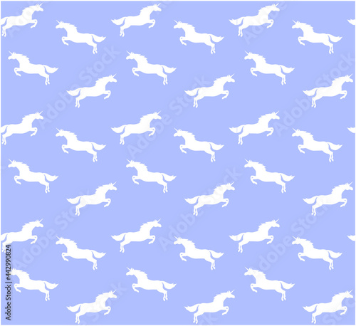 Vector seamless pattern of white flat jumping unicorn silhouette isolated on blue background 