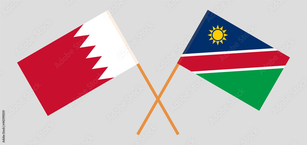 Crossed flags of Bahrain and Namibia. Official colors. Correct proportion Crossed flags of Bahrain and Namibia. Official colors. Correct proportion