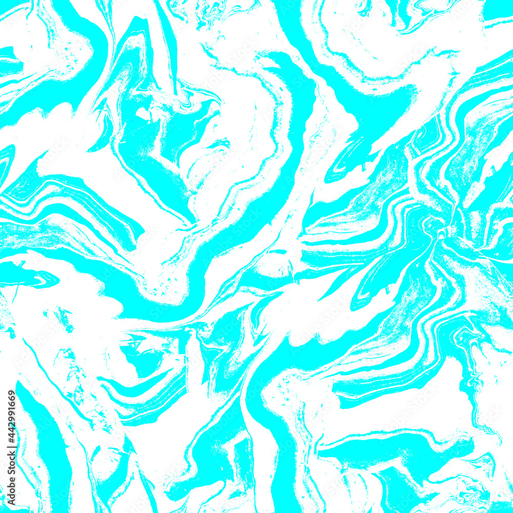 Fototapeta premium Mono color acrylic pouring Fluid Art seamless pattern in turquoise tones with wave marble effect for trendy apparel fabric, trendy package, wallpaper, marine accessories, clothe textile, print.
