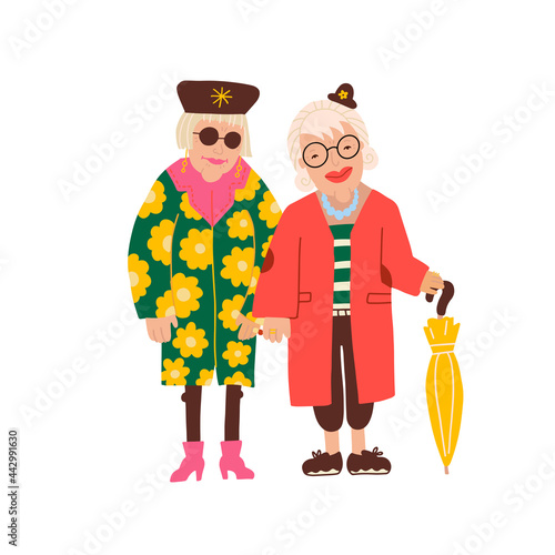 Two old ladies wearing qute fashomable clothes. Cute funny elder female charactersin bright coats. Active lifestyle. Flat vector illustration.